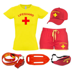 Women Lifeguard Costume Fancy Dress Set Ladies Cool Vest, Shorts + Options Women