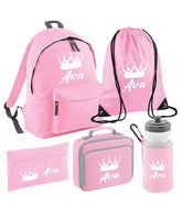 Personalised Crown Backpack, Lunch Bag, Drawstring, Water bottle and Pencil Case PE Bag Kids Boys Girls