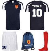 Personalised Scotland Style Kit Navy and White Football Shirt, White Shorts, Bag and Socks for Boys and Girls Best Birthday Gift for Children Kids Playwear