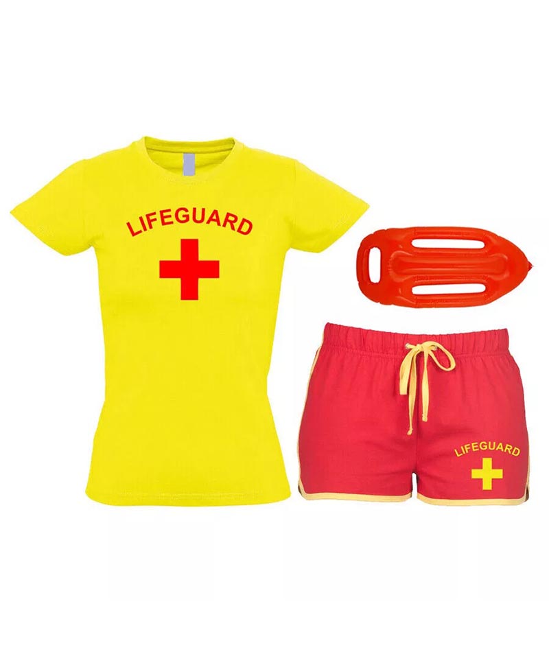 Women Lifeguard Costume Fancy Dress Set Ladies T-shirt, Shorts + Options