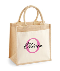 Personalised Initial Text Pocket Jute Midi Tote Bag