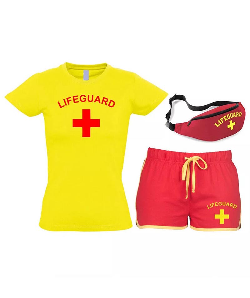 Women Lifeguard Costume Fancy Dress Set Ladies T-shirt, Shorts + Options