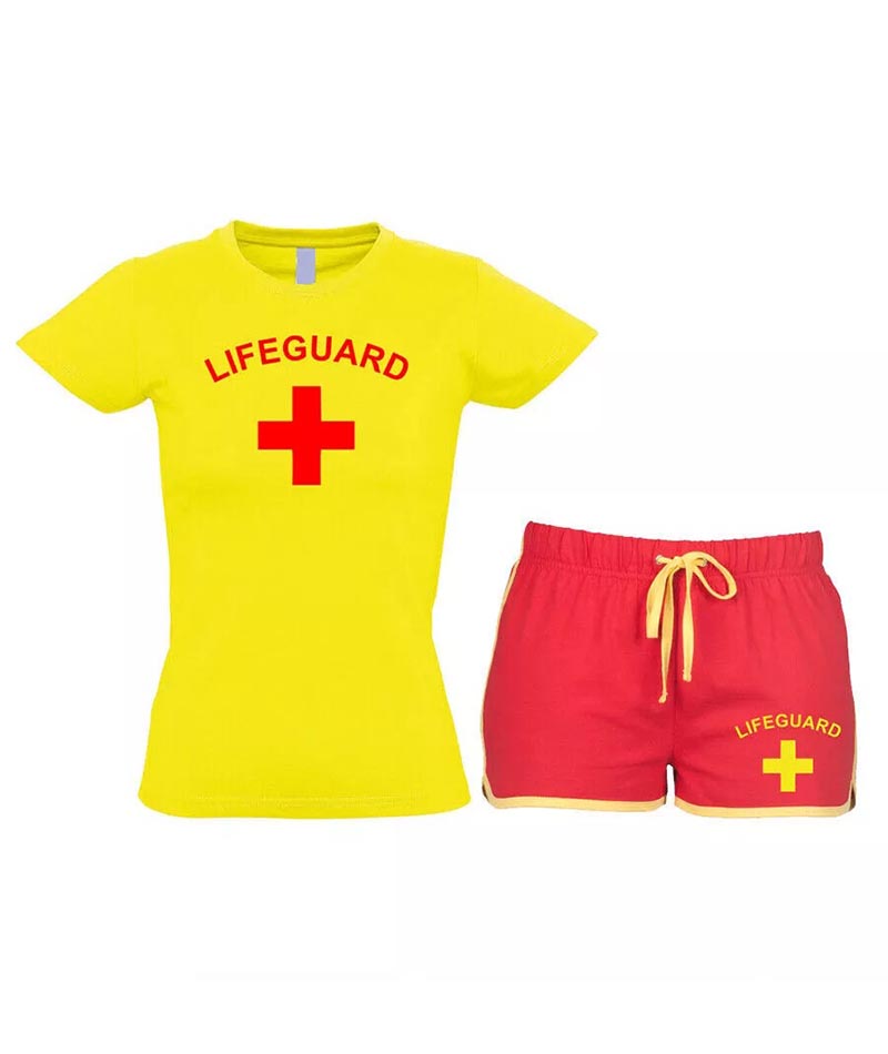 Women Lifeguard Costume Fancy Dress Set Ladies T-shirt, Shorts + Options