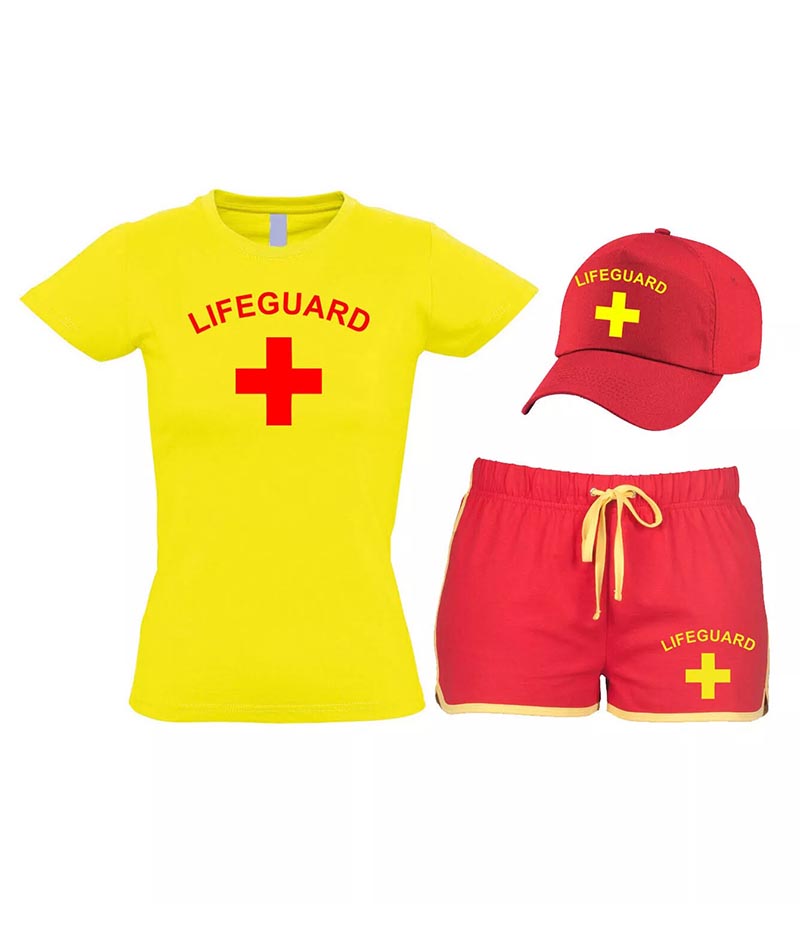 Women Lifeguard Costume Fancy Dress Set Ladies T-shirt, Shorts + Options