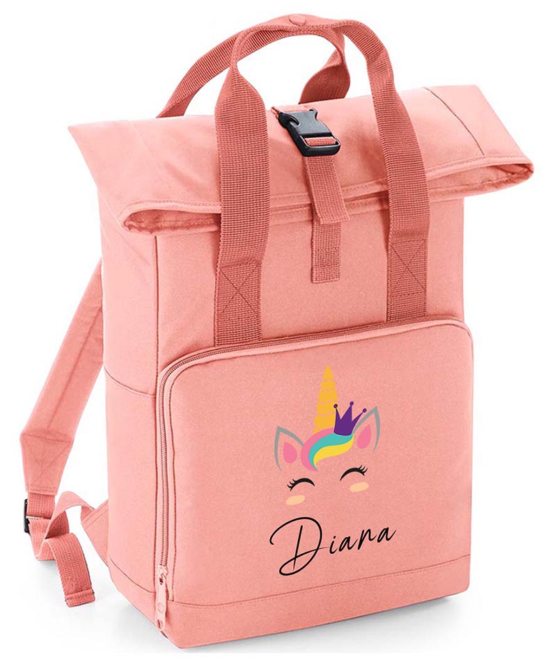 Personalised Unicorn Backpack with Your Name Twin Handle Roll-Top Backpack