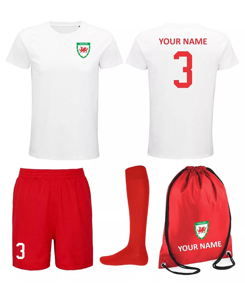 Personalised Kids Wales Flag Style Football Kit SHIRT SHORTS BAG and SOCKS