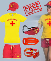 Women Lifeguard Costume Fancy Dress Set Ladies T-shirt, Shorts + Options