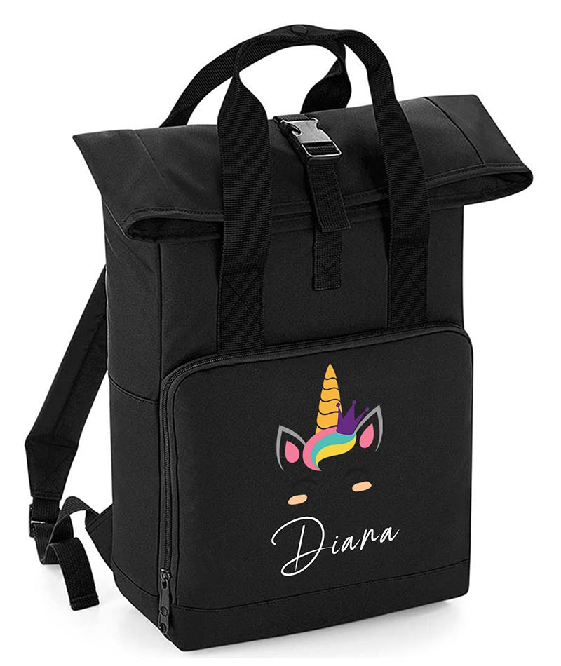 Personalised Unicorn Backpack with Your Name Twin Handle Roll-Top Backpack