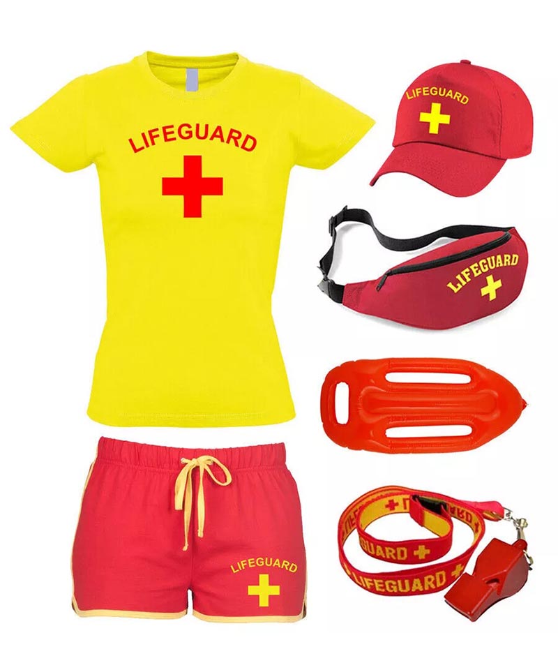 Women Lifeguard Costume Fancy Dress Set Ladies T-shirt, Shorts + Options