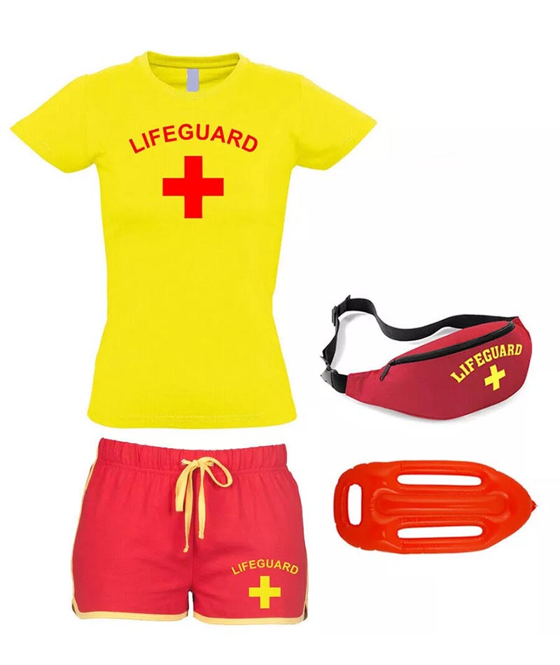 Women Lifeguard Costume Fancy Dress Set Ladies T-shirt, Shorts + Options