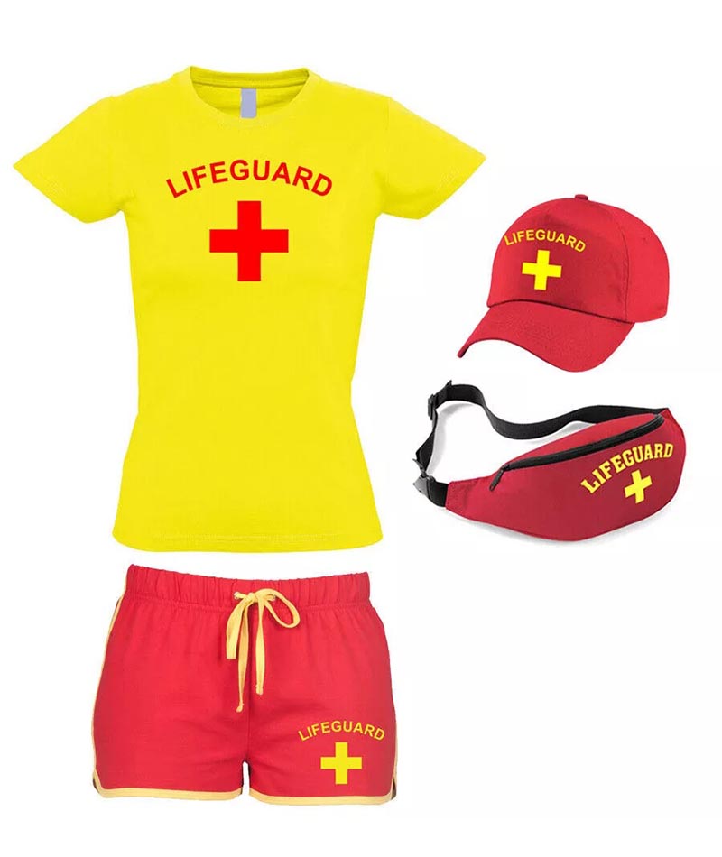 Women Lifeguard Costume Fancy Dress Set Ladies T-shirt, Shorts + Options