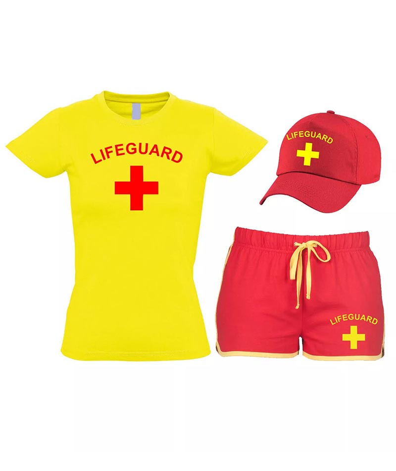 Women Lifeguard Costume Fancy Dress Set Ladies T-shirt, Shorts + Options