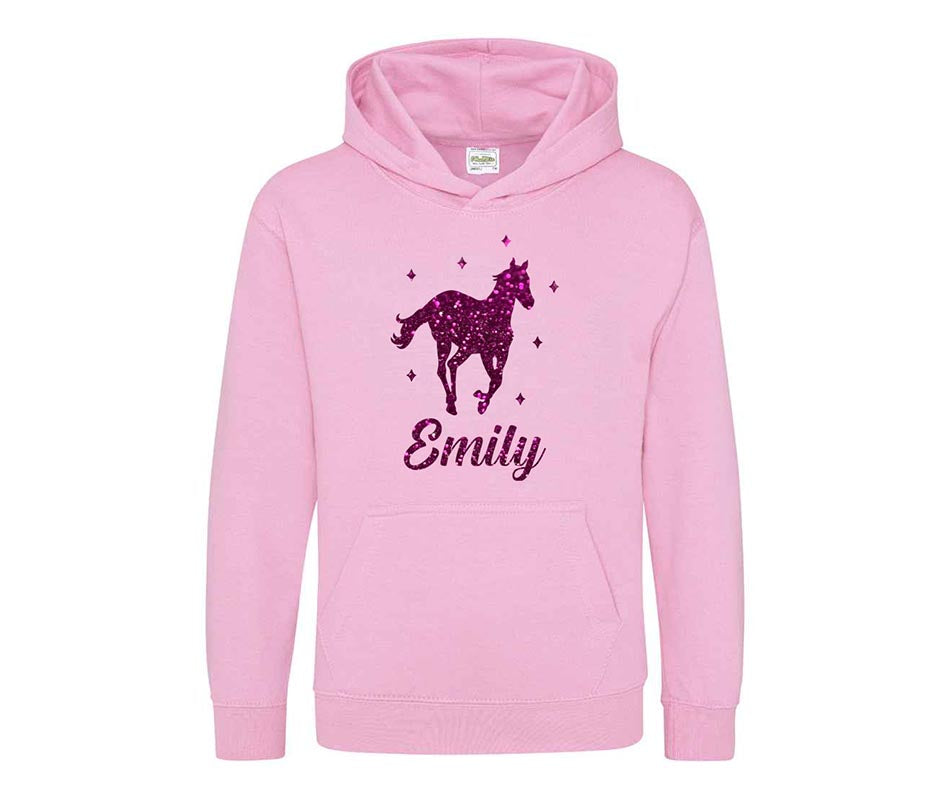 Personalised Glitter Horse Riding Hoodie Girls Boys Hoody Kids Top Jumper