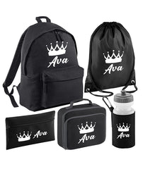 Personalised Crown Backpack, Lunch Bag, Drawstring, Water bottle and Pencil Case PE Bag Kids Boys Girls