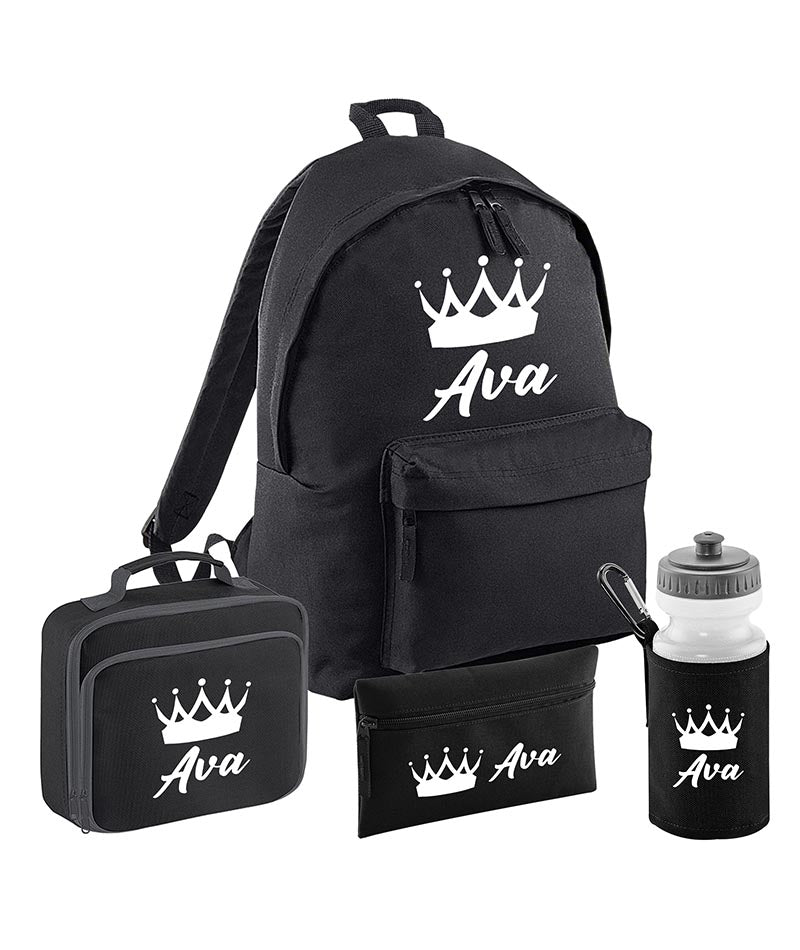 Personalised Crown Backpack, Lunch Bag, Drawstring, Water bottle and Pencil Case PE Bag Kids Boys Girls