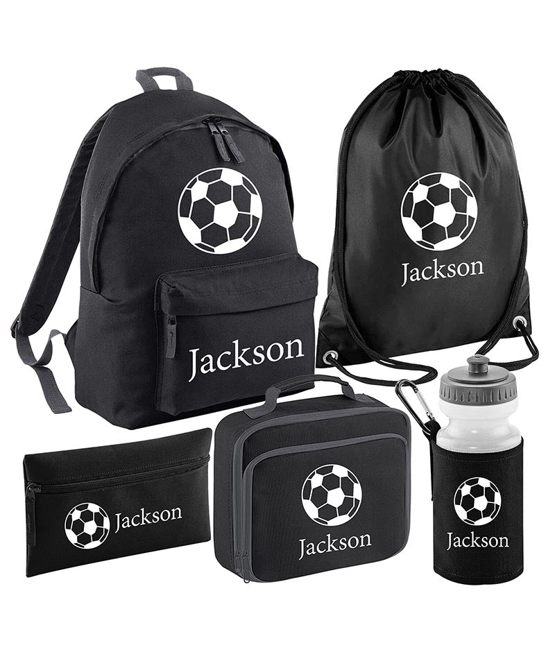 Personalised Football Backpack, Lunch Bag, Drawstring, Water bottle and Pencil Case PE Bag Kids Boys Girls