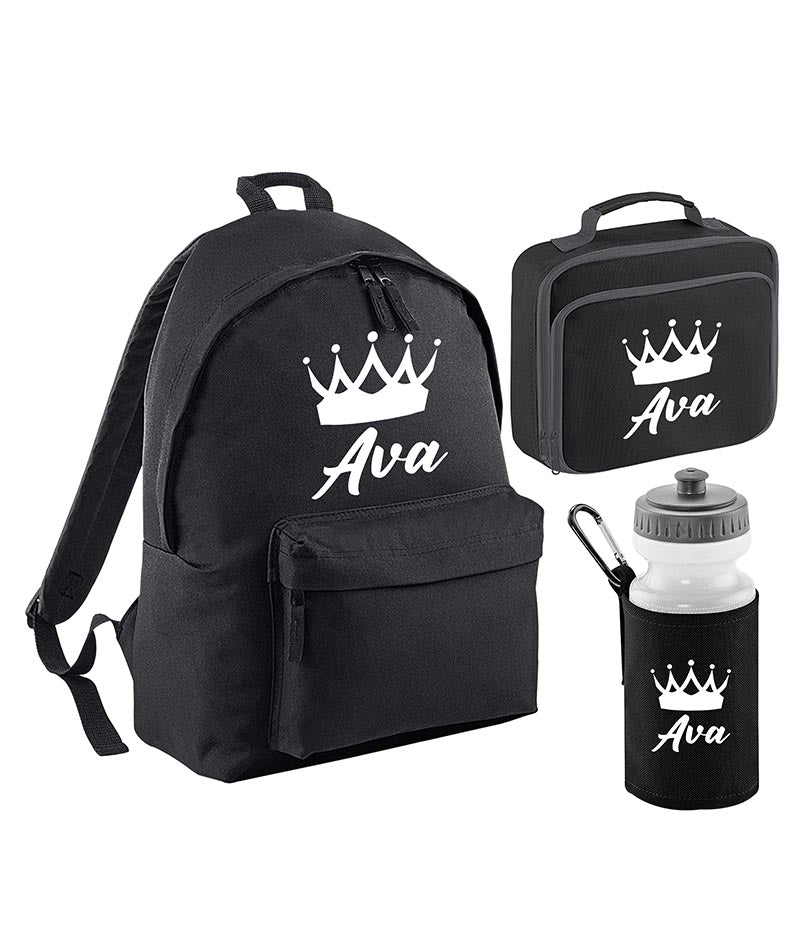 Personalised Crown Backpack, Lunch Bag, Drawstring, Water bottle and Pencil Case PE Bag Kids Boys Girls