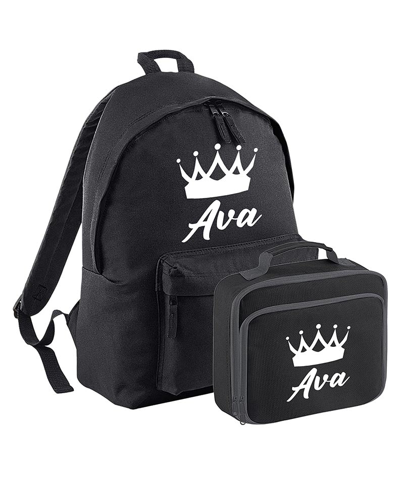 Personalised Crown Backpack, Lunch Bag, Drawstring, Water bottle and Pencil Case PE Bag Kids Boys Girls