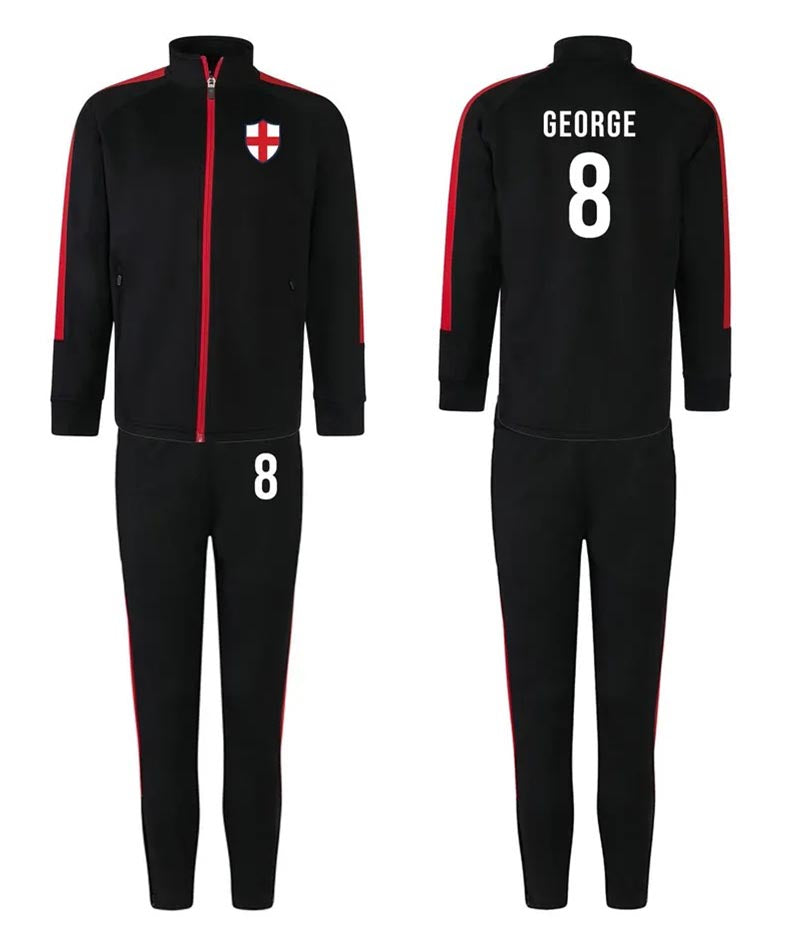 Personalised Kids Sports Tracksuit Zipper Top and Pants, Sport kit Customised Name Print England Flag Names & Numbers for Young Athletes