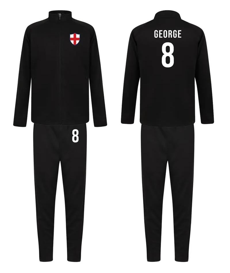 Personalised Kids Sports Tracksuit Zipper Top and Pants, Sport kit Customised Name Print England Flag Names & Numbers for Young Athletes