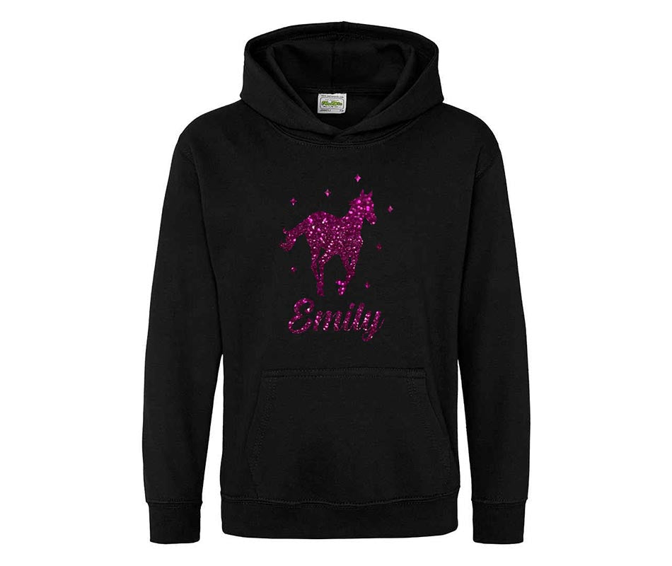 Personalised Glitter Horse Riding Hoodie Girls Boys Hoody Kids Top Jumper