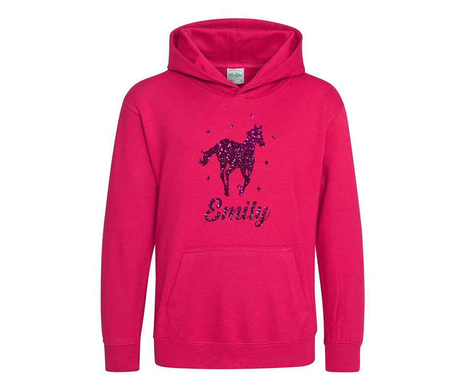 Personalised Glitter Horse Riding Hoodie Girls Boys Hoody Kids Top Jumper