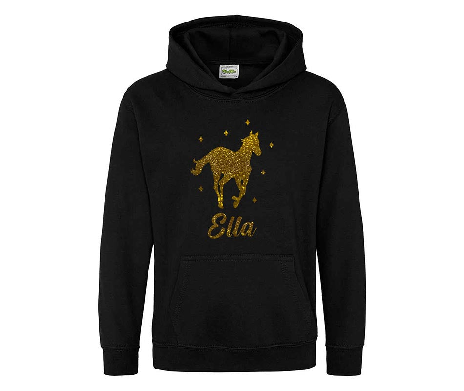 Personalised Glitter Horse Riding Hoodie Girls Boys Hoody Kids Top Jumper