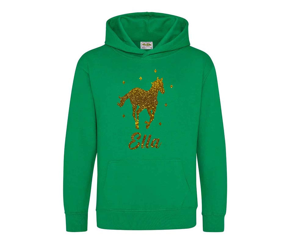 Personalised Glitter Horse Riding Hoodie Girls Boys Hoody Kids Top Jumper