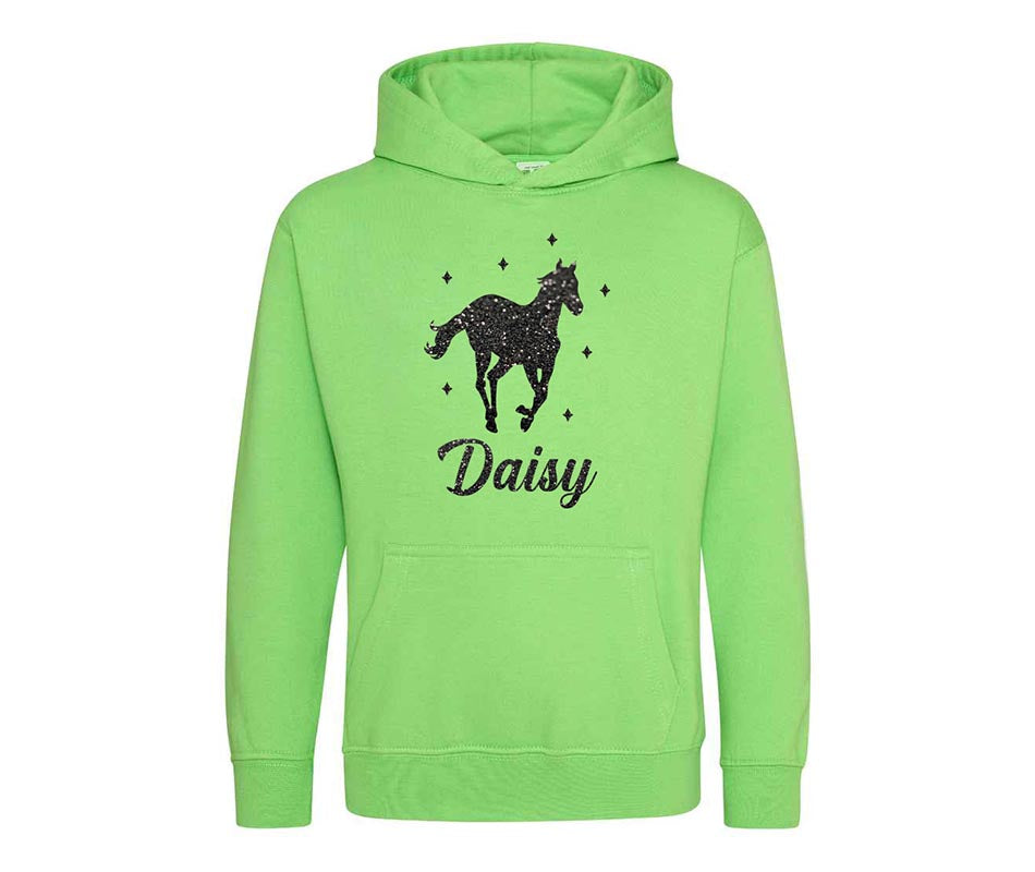 Personalised Glitter Horse Riding Hoodie Girls Boys Hoody Kids Top Jumper