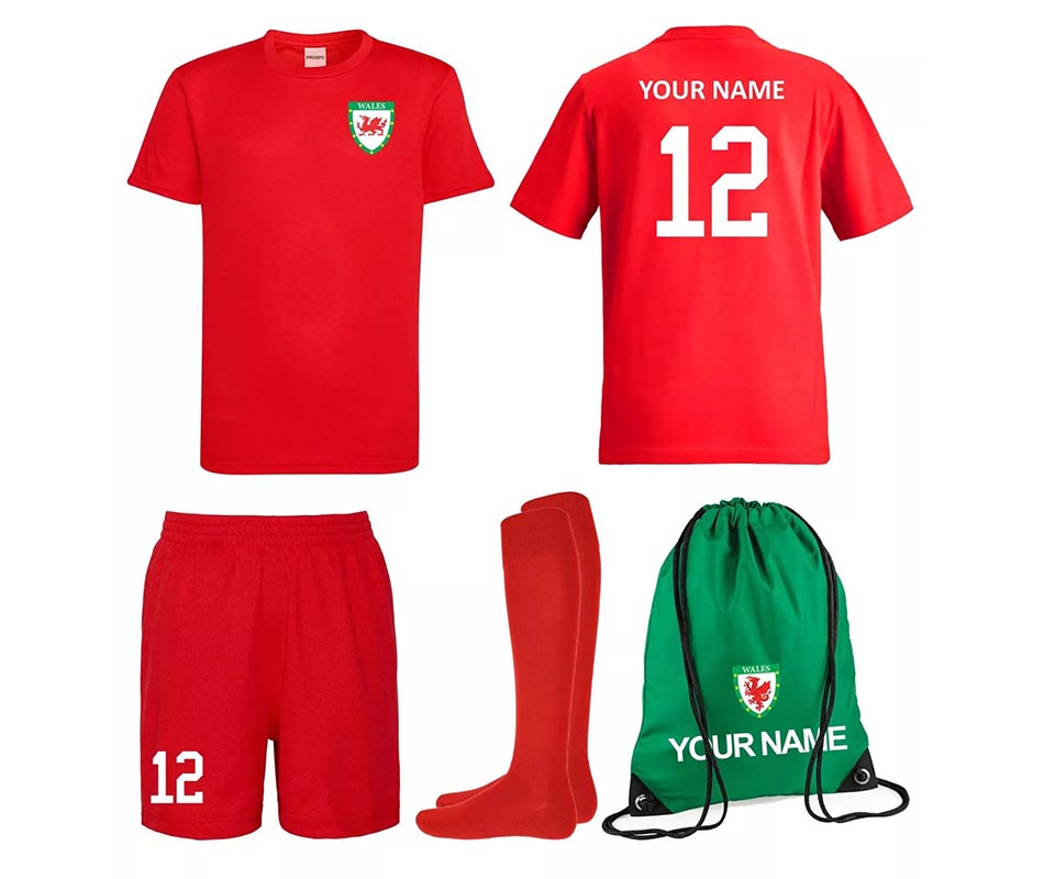 Personalised Wales Style Football Kits Custom Shirts Shorts Socks and Kit Bags