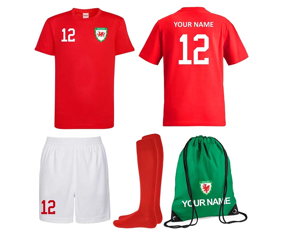 Personalised Wales Style Football Kits Custom Shirts Shorts Socks and Kit Bags