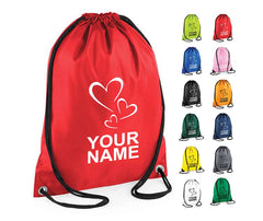 Personalised Unisex Hearts Pull String Bag Drawstring Ballet Kids Gift Casual Backpack