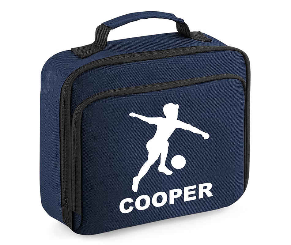 Personalised Football Player Lunch Bag Boys School Insulated Any Name Kids Snack Box