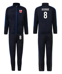 Personalised Kids Sports Tracksuit Zipper Top and Pants, Sport kit Customised Name Print England Flag Names & Numbers for Young Athletes