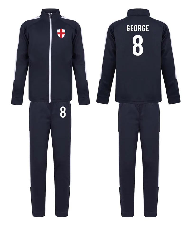 Personalised Kids Sports Tracksuit Zipper Top and Pants, Sport kit Customised Name Print England Flag Names & Numbers for Young Athletes