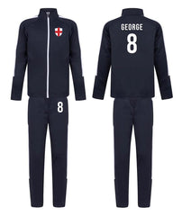 Personalised Kids Sports Tracksuit Zipper Top and Pants, Sport kit Customised Name Print England Flag Names & Numbers for Young Athletes