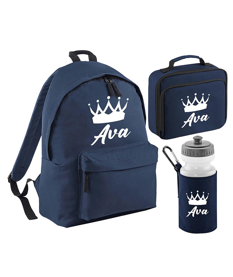 Personalised Crown Backpack, Lunch Bag, Drawstring, Water bottle and Pencil Case PE Bag Kids Boys Girls