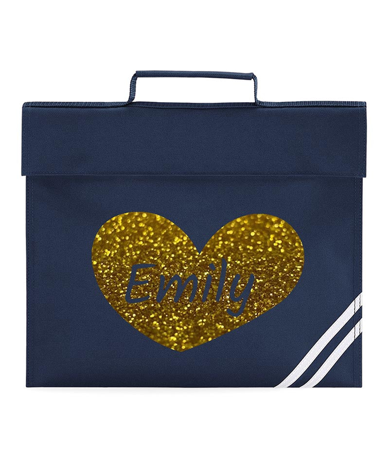 Personalised Children Glitter Heart School Book Bag Heart Bookbag Gift