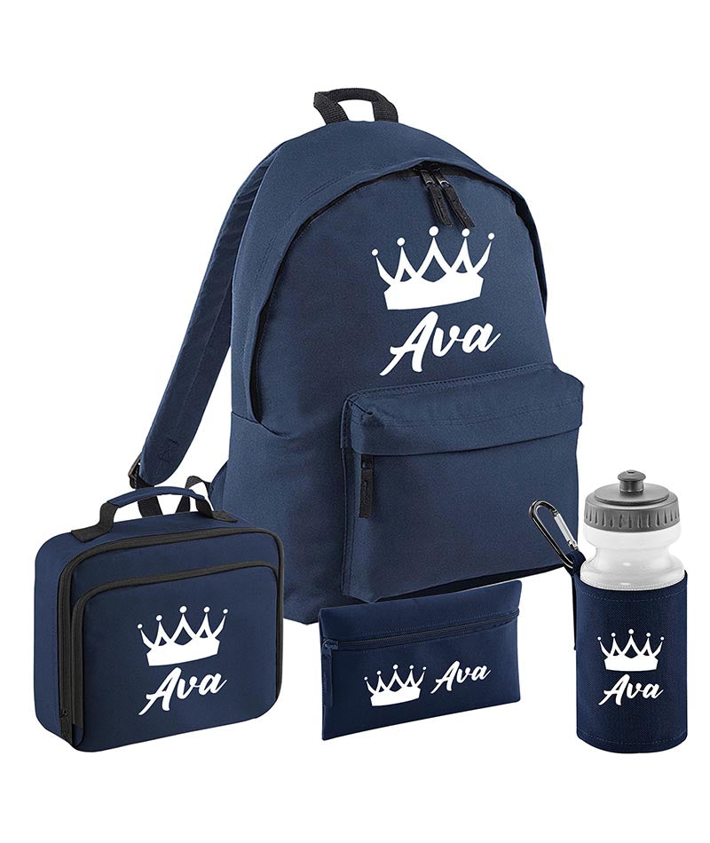 Personalised Crown Backpack, Lunch Bag, Drawstring, Water bottle and Pencil Case PE Bag Kids Boys Girls