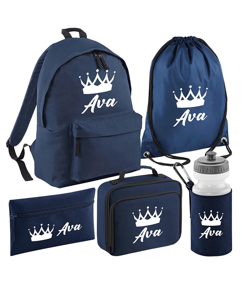 Personalised Crown Backpack, Lunch Bag, Drawstring, Water bottle and Pencil Case PE Bag Kids Boys Girls