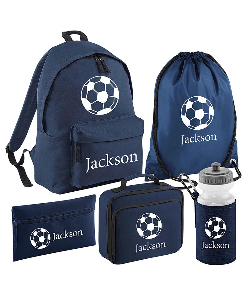 Personalised Football Backpack, Lunch Bag, Drawstring, Water bottle and Pencil Case PE Bag Kids Boys Girls