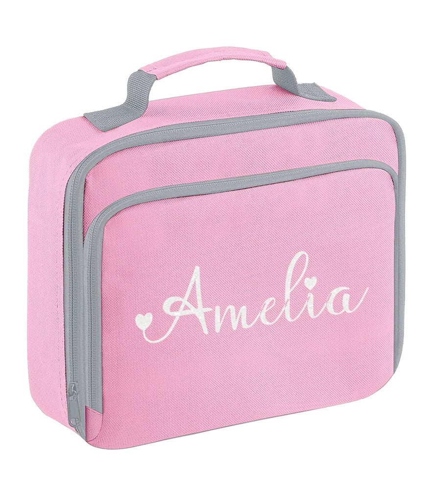 Personalised Girls Lunch Bag Childrens School Insulated Glitter Heart Snack Box