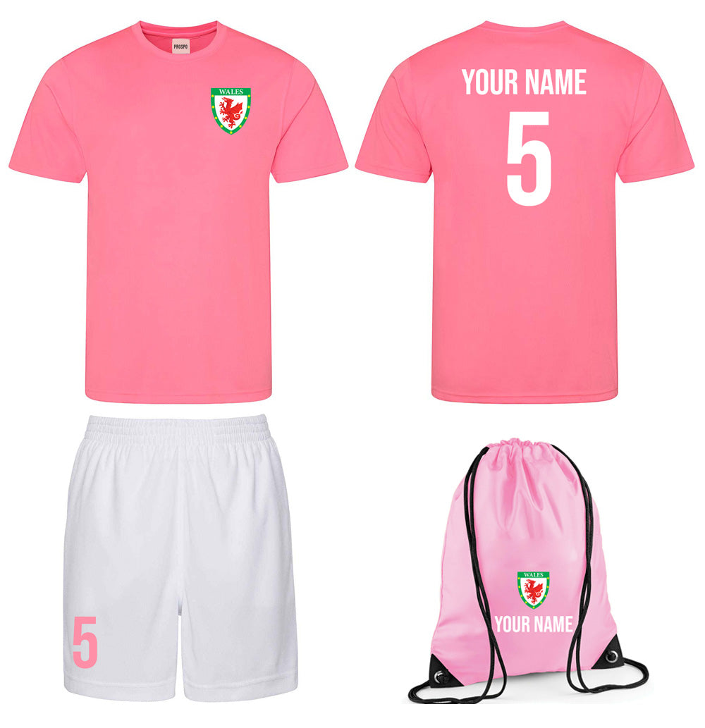 Personalised Wales Style Football Kits Customised Pink Shirts Shorts and Kit Bags