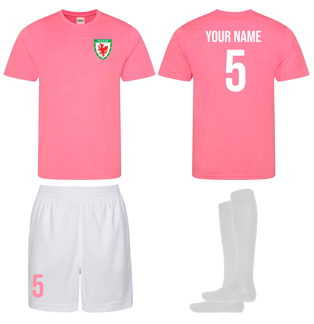 Personalised Wales Style Football Kits Pink White Custom Shirts Shorts and Socks