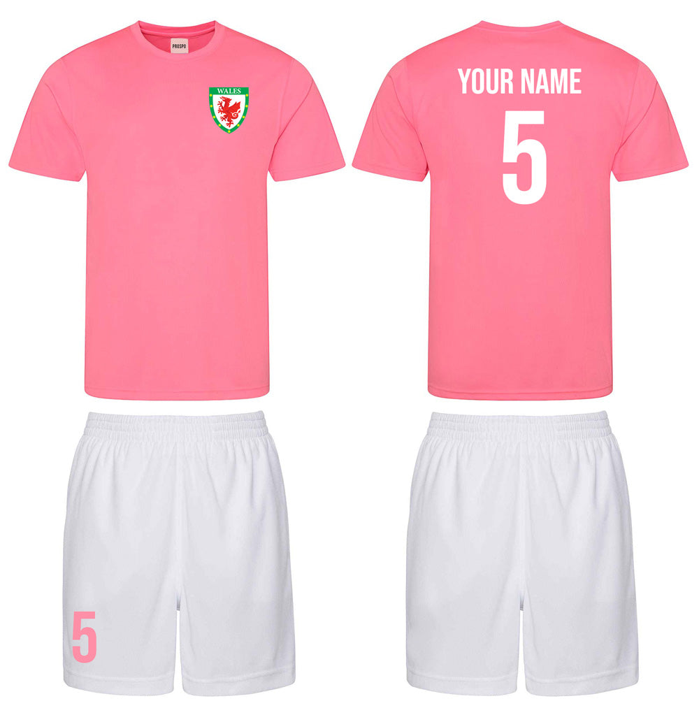 Personalised Wales Style Football Kits Pink & White Customised Shirts and Shorts