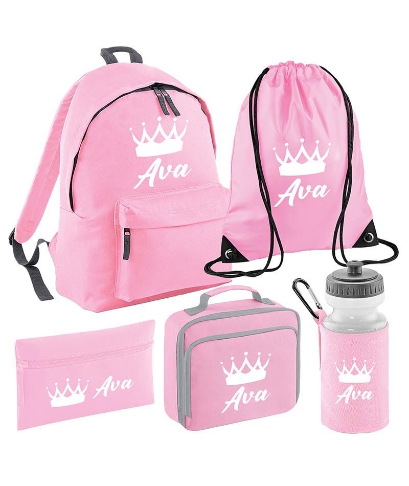 Personalised Crown Backpack, Lunch Bag, Drawstring, Water bottle and Pencil Case PE Bag Kids Boys Girls