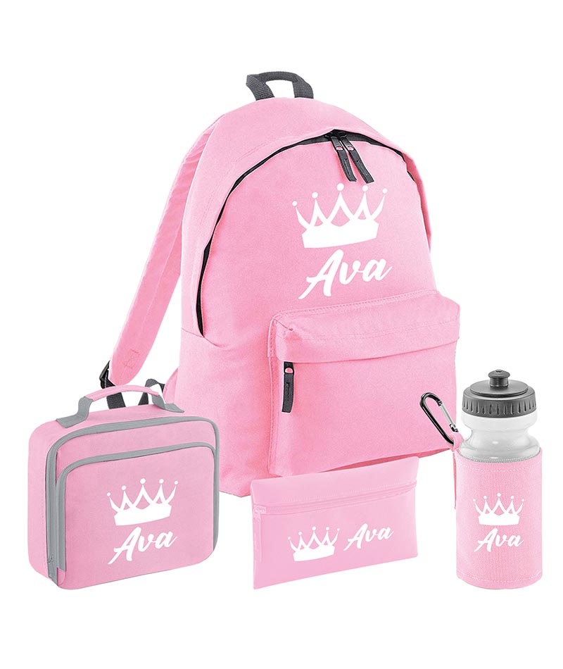 Personalised Crown Backpack, Lunch Bag, Drawstring, Water bottle and Pencil Case PE Bag Kids Boys Girls