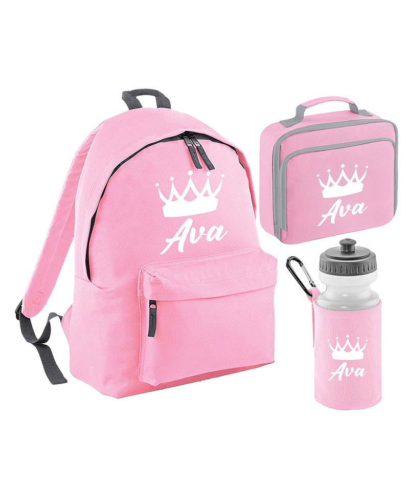 Personalised Crown Backpack, Lunch Bag, Drawstring, Water bottle and Pencil Case PE Bag Kids Boys Girls