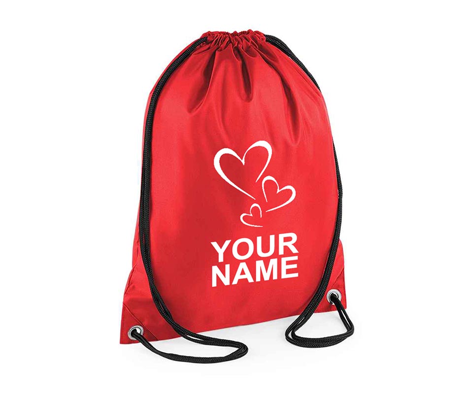 Personalised Unisex Hearts Pull String Bag Drawstring Ballet Kids Gift Casual Backpack