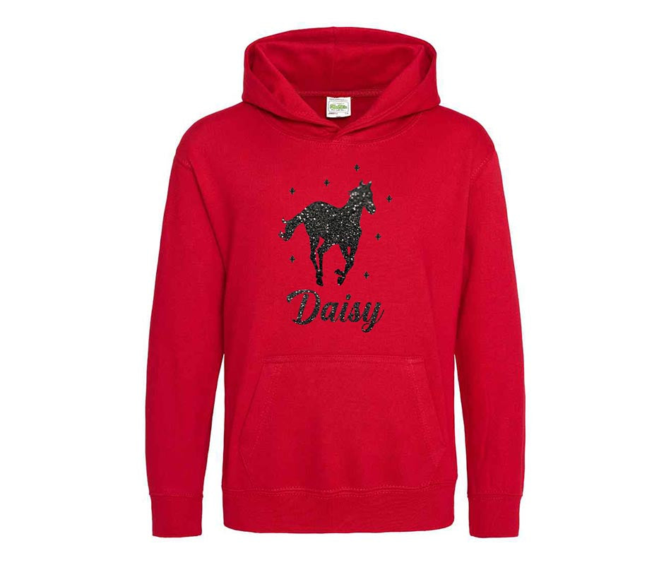 Personalised Glitter Horse Riding Hoodie Girls Boys Hoody Kids Top Jumper